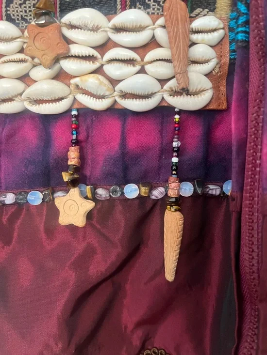 One of a kind. Patchwork Embellished Multicolor Bomber Jacket with Shell Accents - Picture 5 of 16